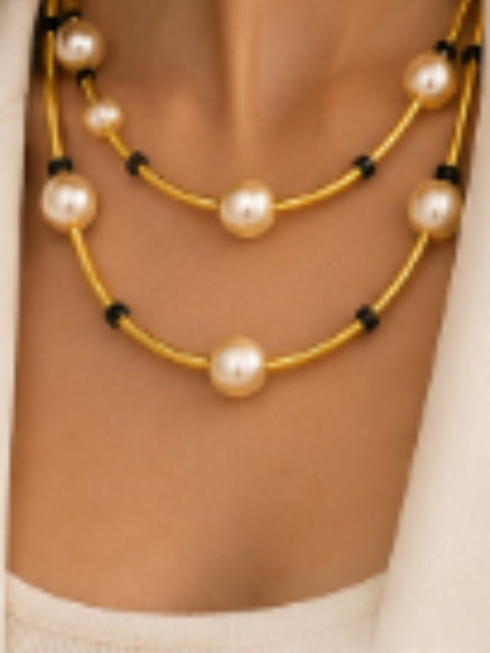 Gold Tone & Faux Pearl Double Strand Costume Necklace